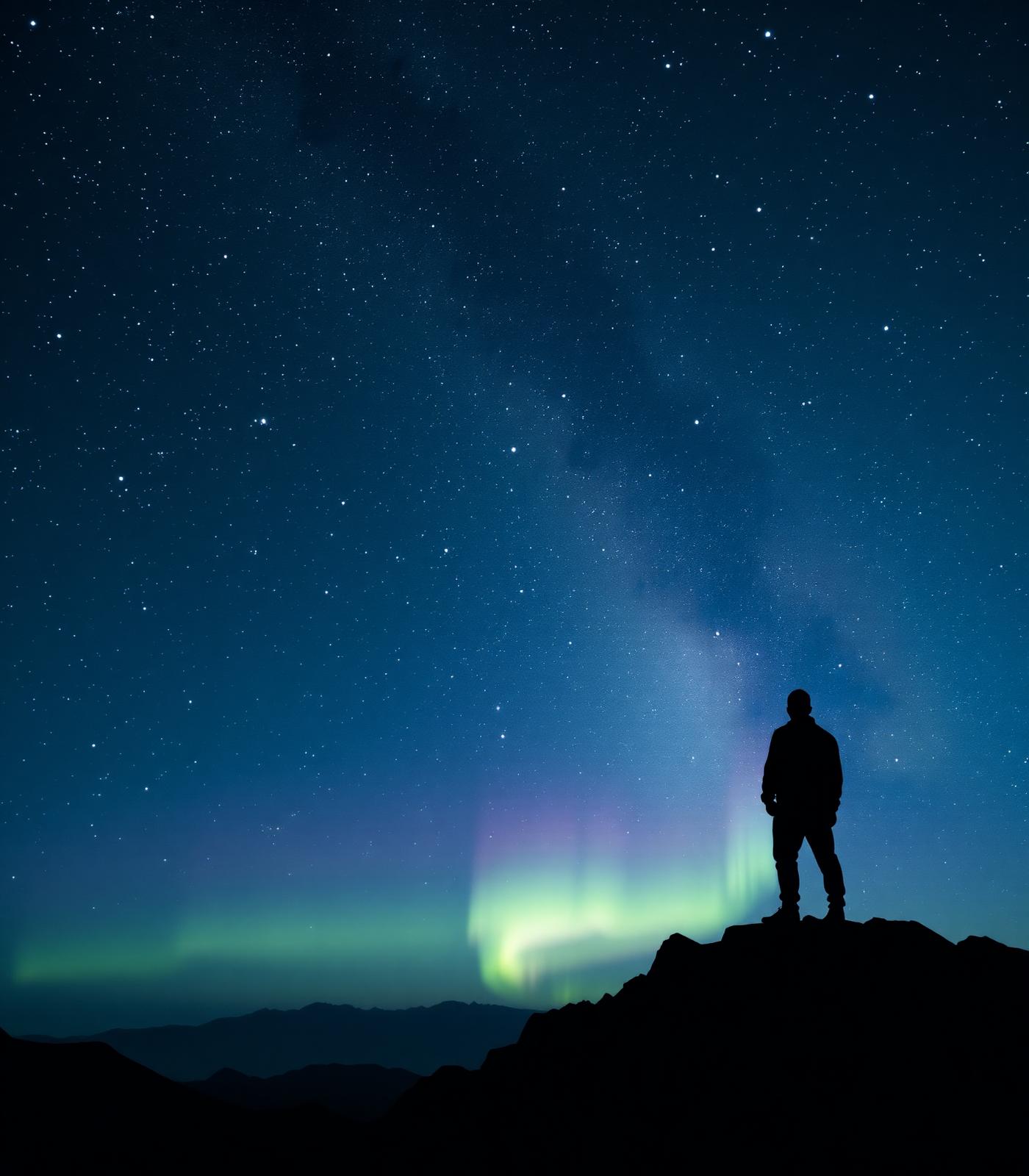 Atmospheric figure beneath a cosmic sky